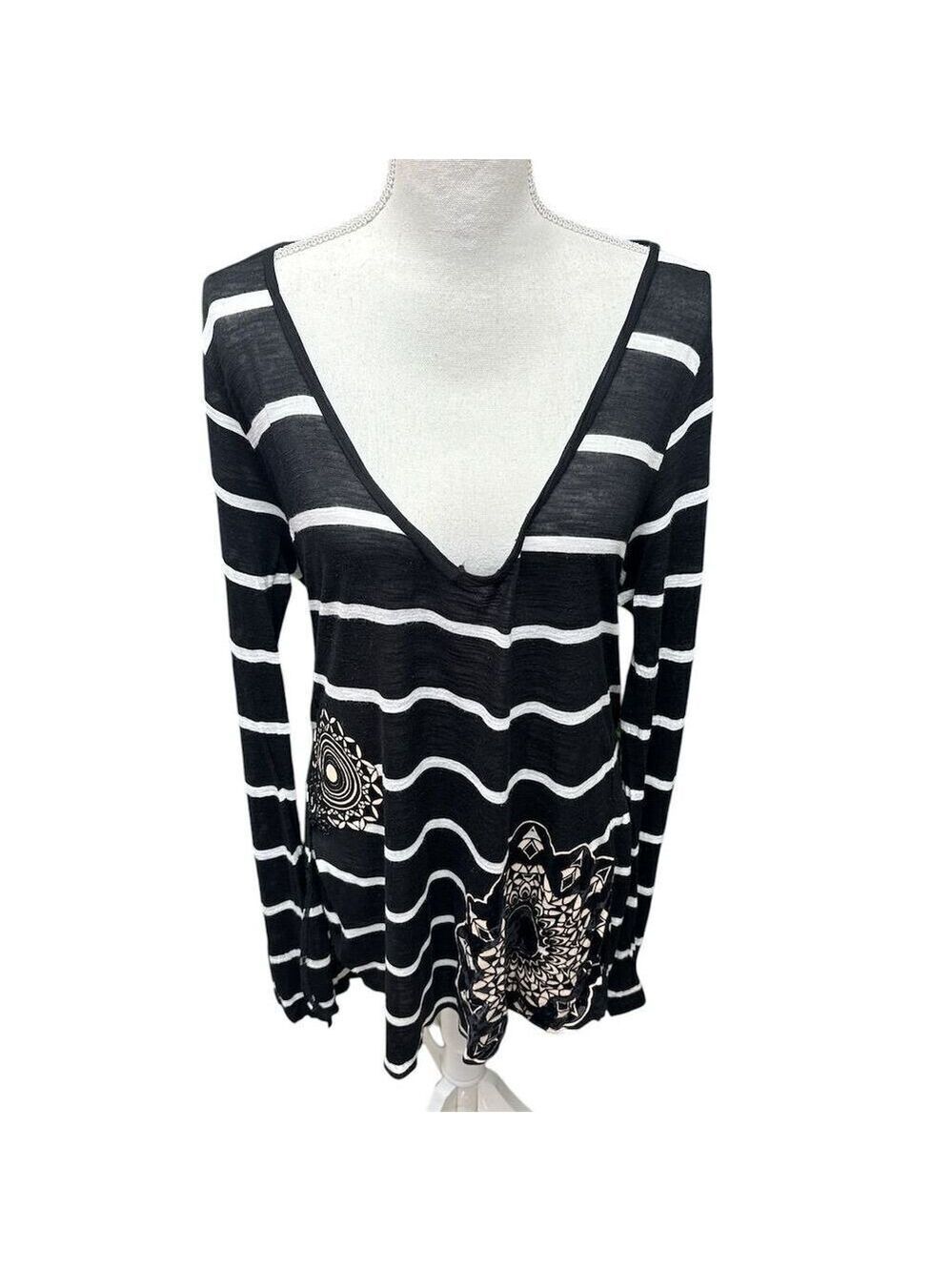 Desigual Women's Black Striped Tunic Top with Velvet Applique Size XXL